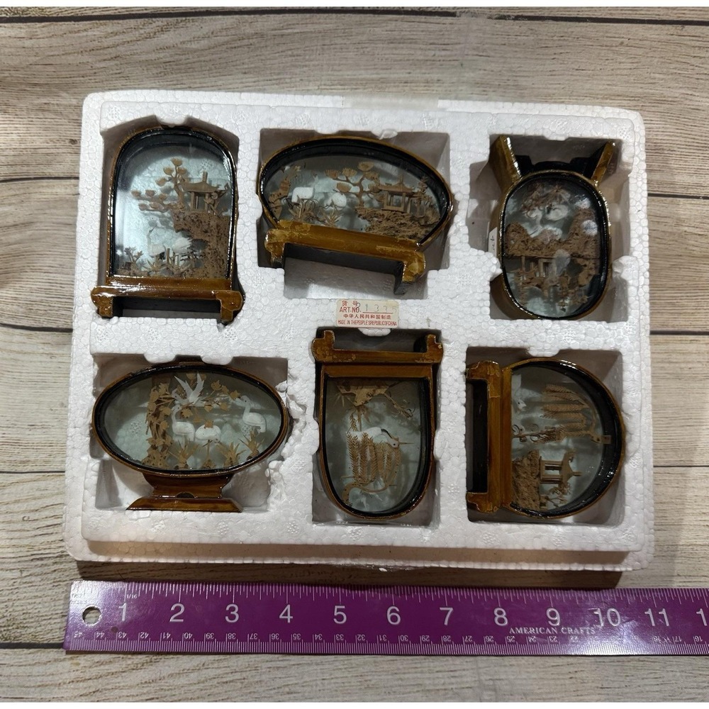 Lot of 6 VTG Asian Cork Art Brown Lacquer Frame Detail Art Pieces Birds TubGH2